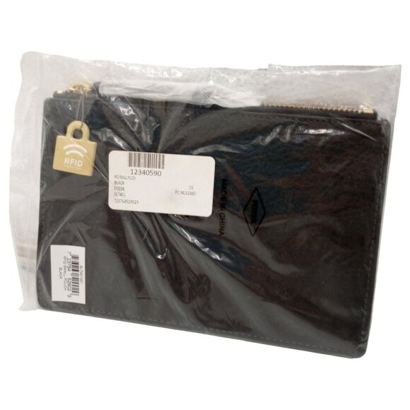 FOSSIL Pouch Purse RFID Black Leather Clutch Bag Hand Held Wallet Zip Pouch - Picture 2 of 16